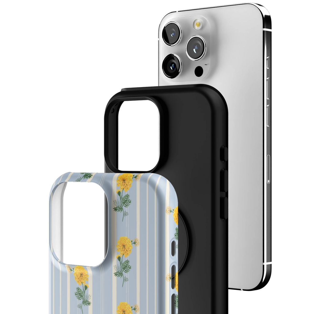 Exploded view of the October Birth Month iPhone 16 Pro Max case: printed shell, black inner layer with MagSafe ring, and phone