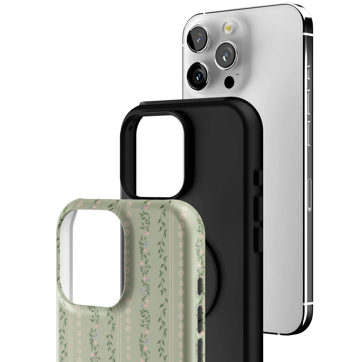Exploded view of the Camellia iPhone 16 Pro Max case: printed shell, black inner layer with MagSafe ring, and phone