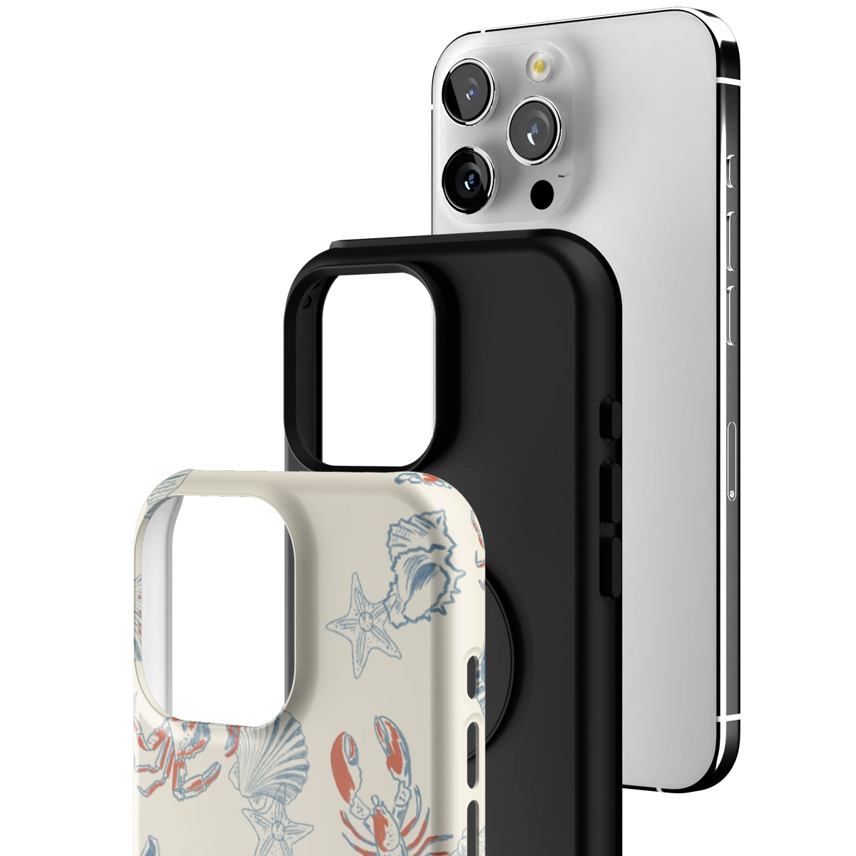 Exploded view of the Mariner Personalized iPhone 16 Pro Max case: printed shell, black inner layer with MagSafe ring, and phone
