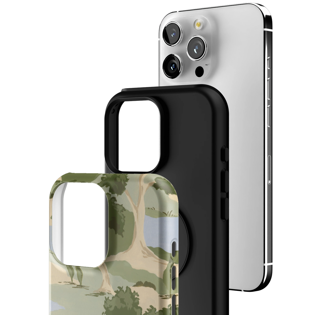 Exploded view of the Orchard iPhone 16 Pro Max case: printed shell, black inner layer with MagSafe ring, and phone