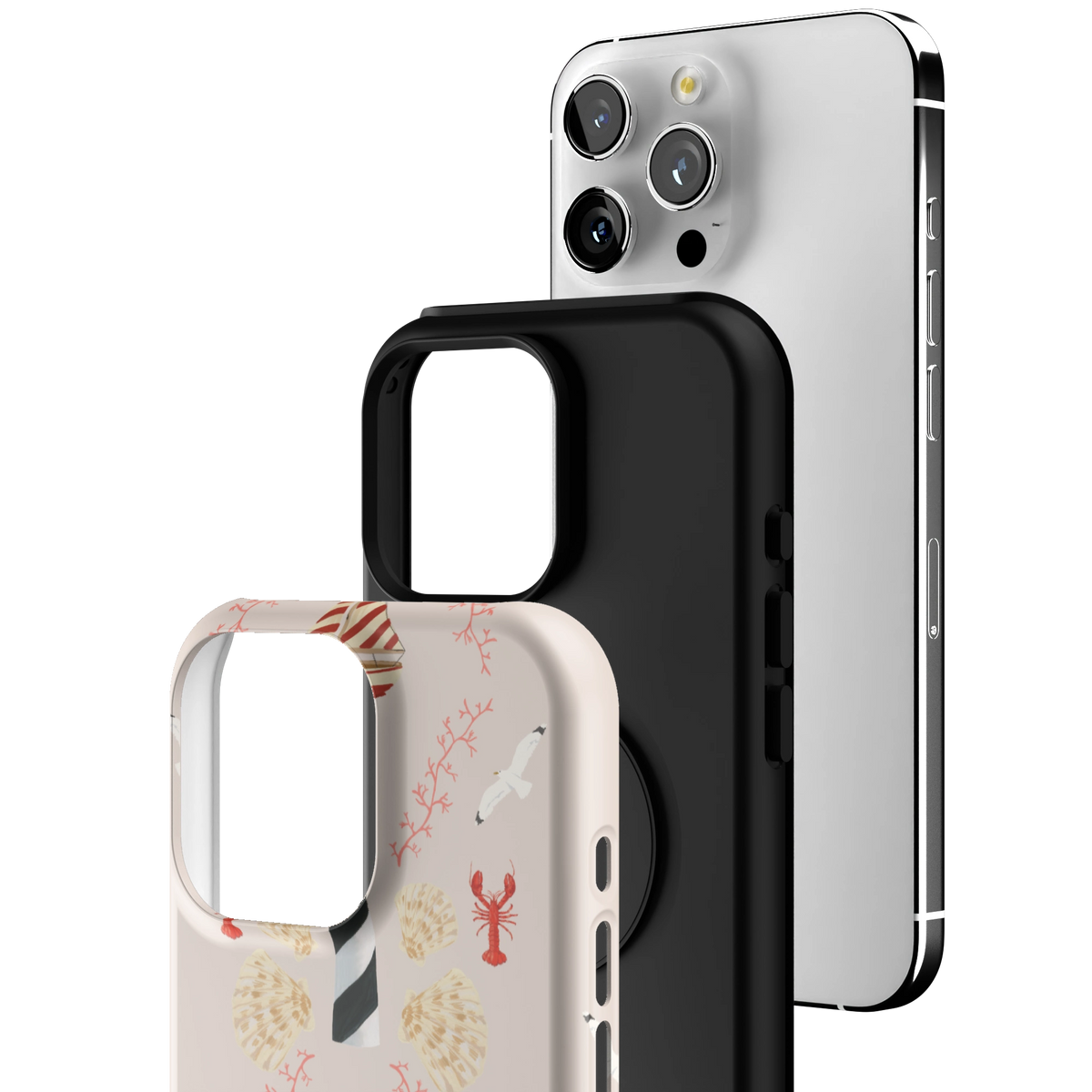 Exploded view of the Lighthouse Personalized iPhone 16 Pro Max case: printed shell, black inner layer with MagSafe ring, and phone