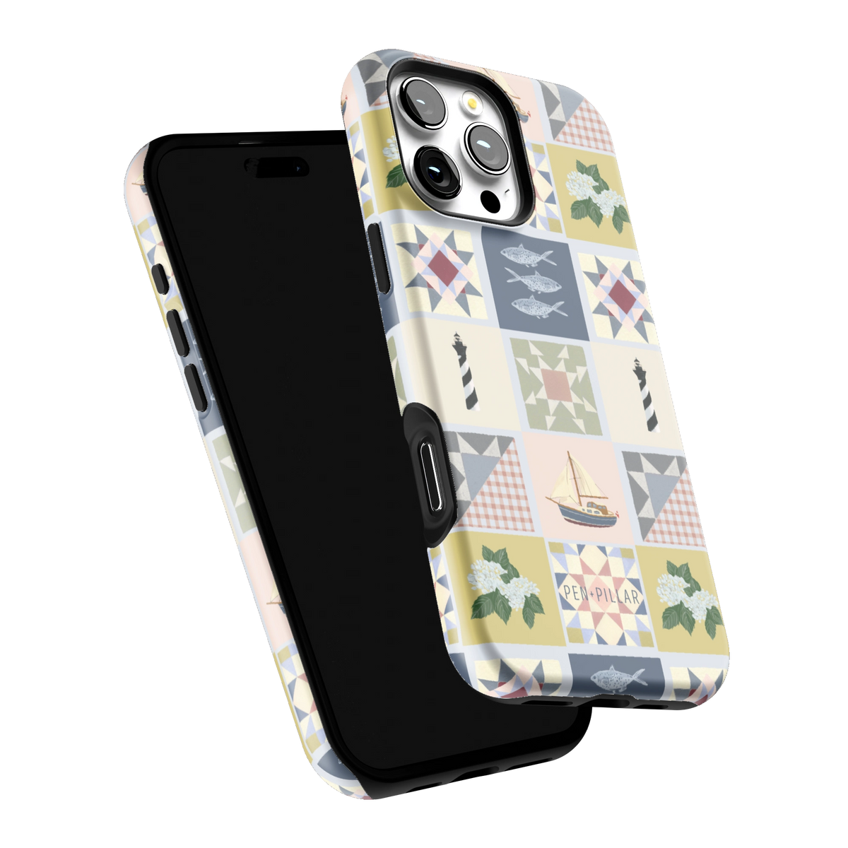 Coastal Quilt iPhone 16 Pro Max case tilted to show the raised edges around the screen and camera