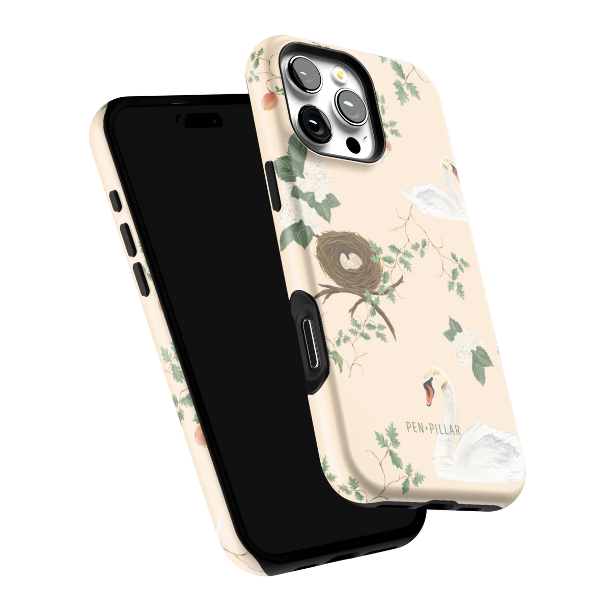 Swan Hollow iPhone 16 Pro Max case tilted to show the raised edges around the screen and camera