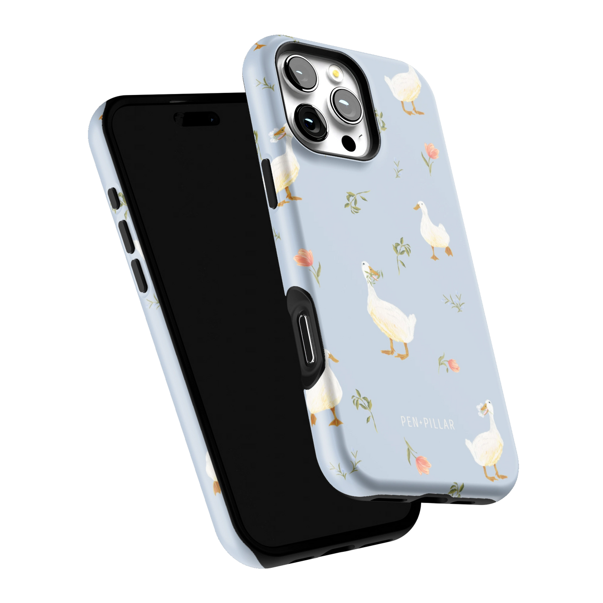 Ducks iPhone 16 Pro Max case tilted to show the raised edges around the screen and camera