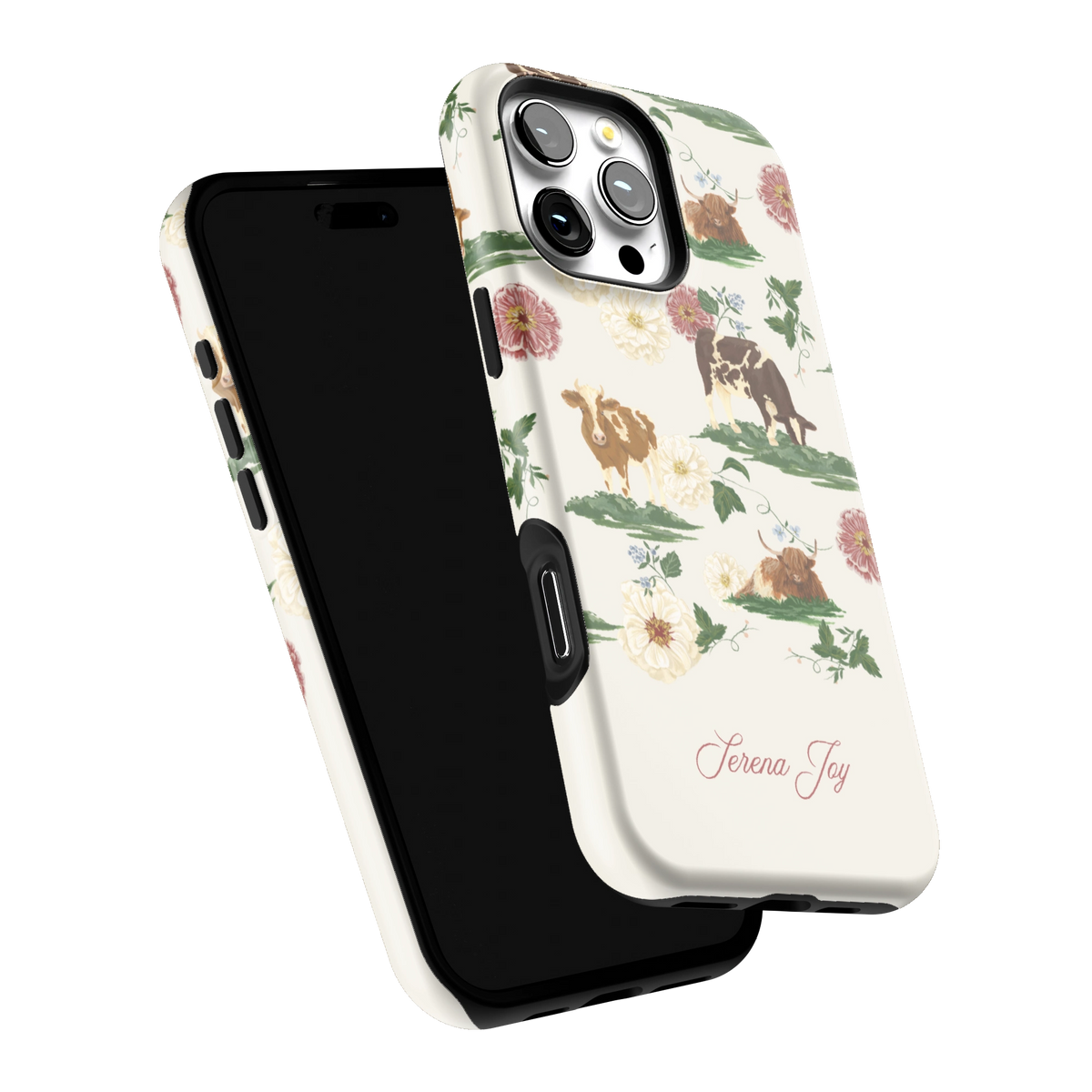 Pasture Personalized iPhone 16 Pro Max case tilted to show the raised edges around the screen and camera