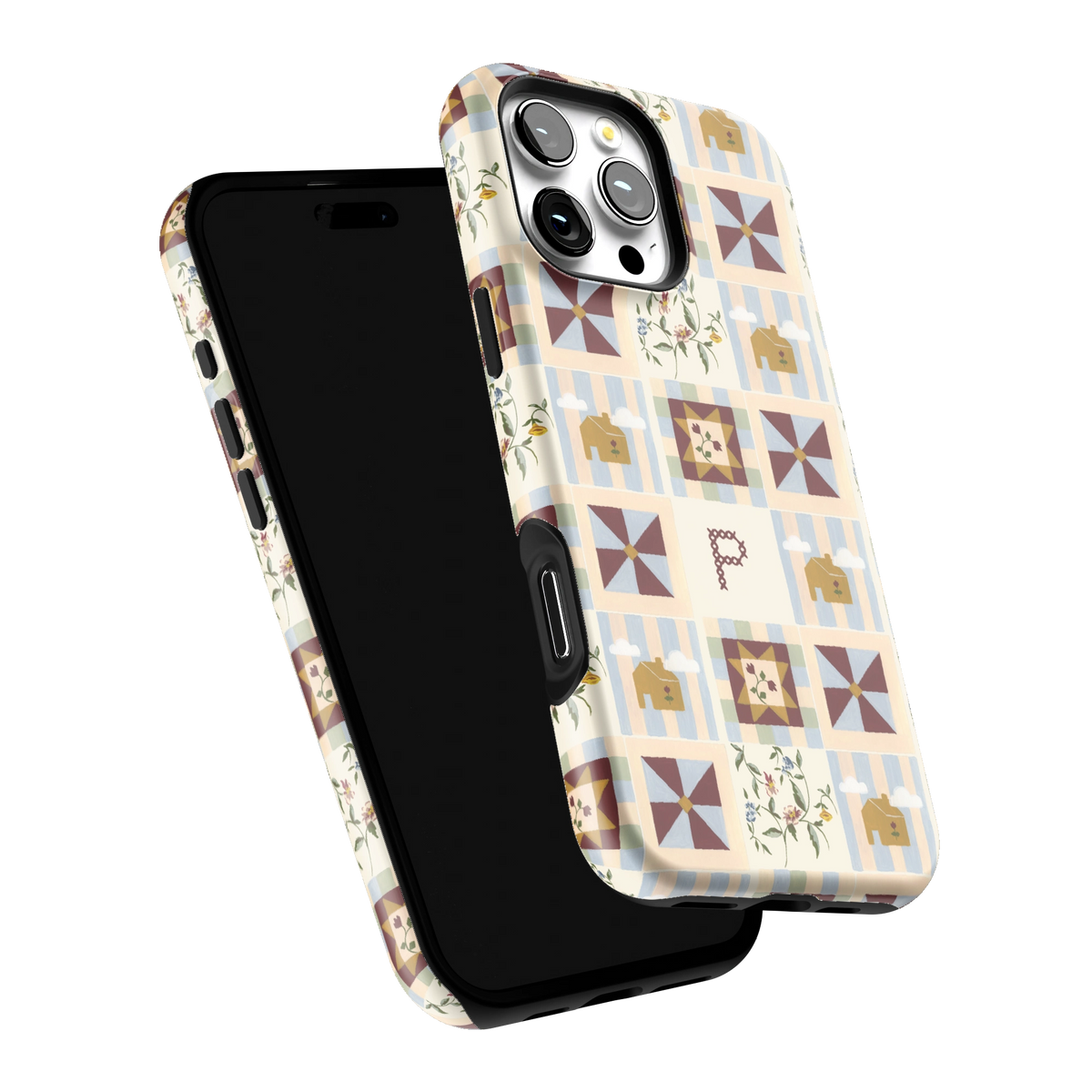 Pinwheel Personalized iPhone 16 Pro Max case tilted to show the raised edges around the screen and camera