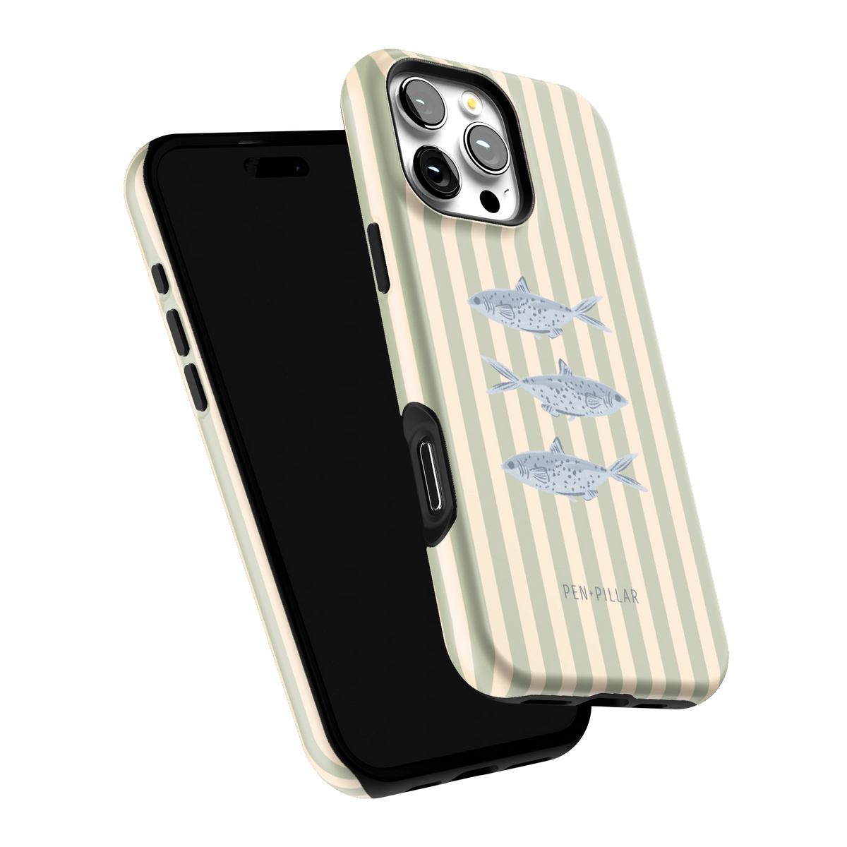 Sea Stripes iPhone 16 Pro Max case tilted to show the raised edges around the screen and camera