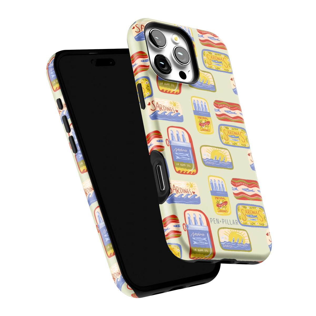 Sardines iPhone 16 Pro Max case tilted to show the raised edges around the screen and camera