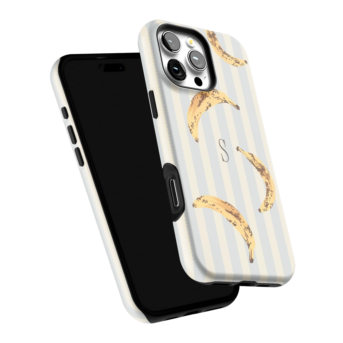 Striped Bananas Personalized iPhone 16 Pro Max case tilted to show the raised edges around the screen and camera