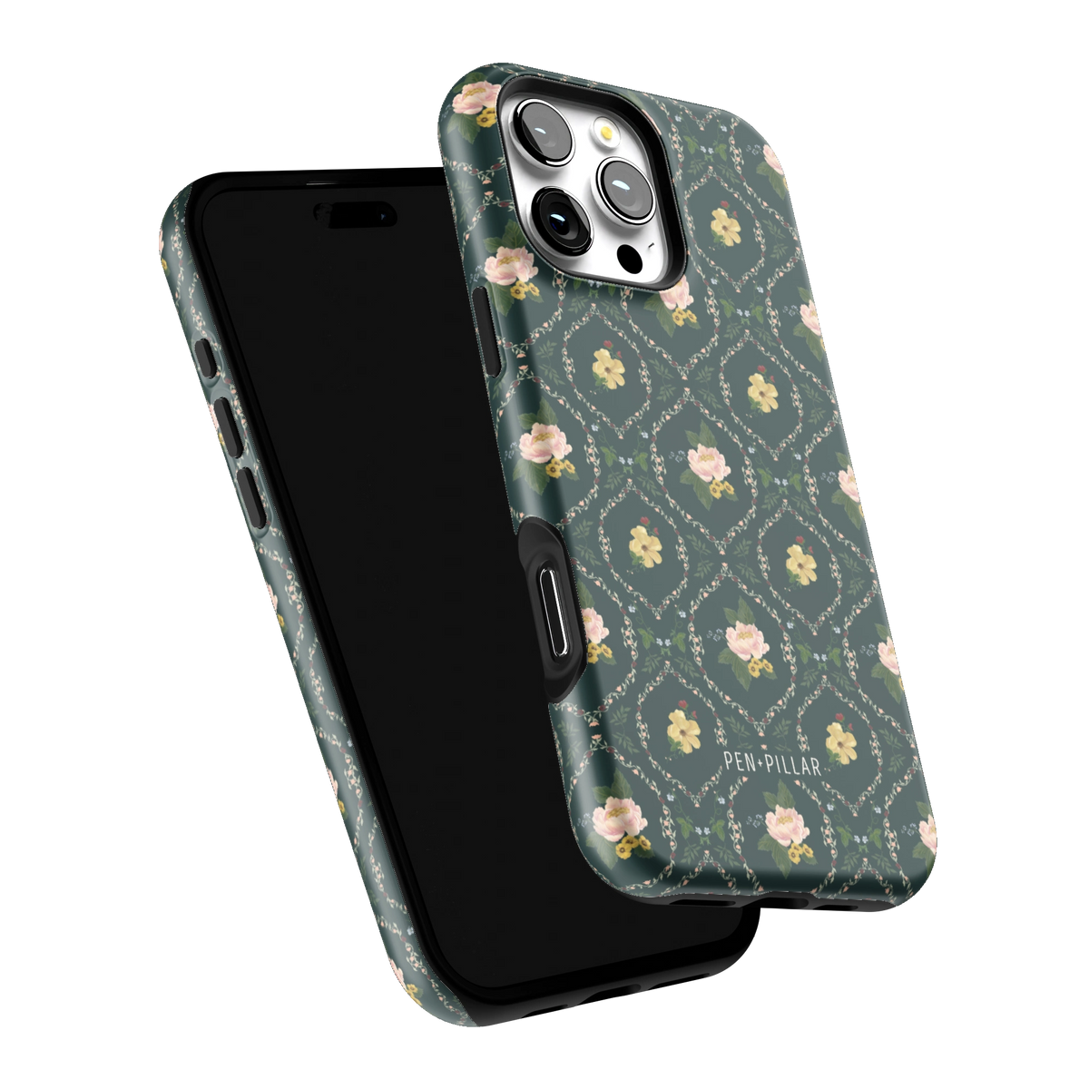 Meadow iPhone 16 Pro Max case tilted to show the raised edges around the screen and camera