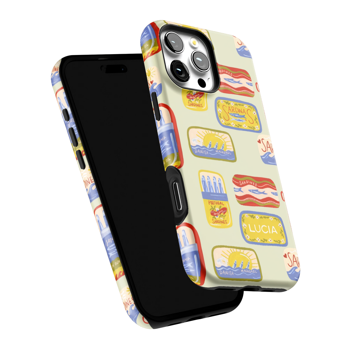 Sardines Personalized iPhone 16 Pro Max case tilted to show the raised edges around the screen and camera