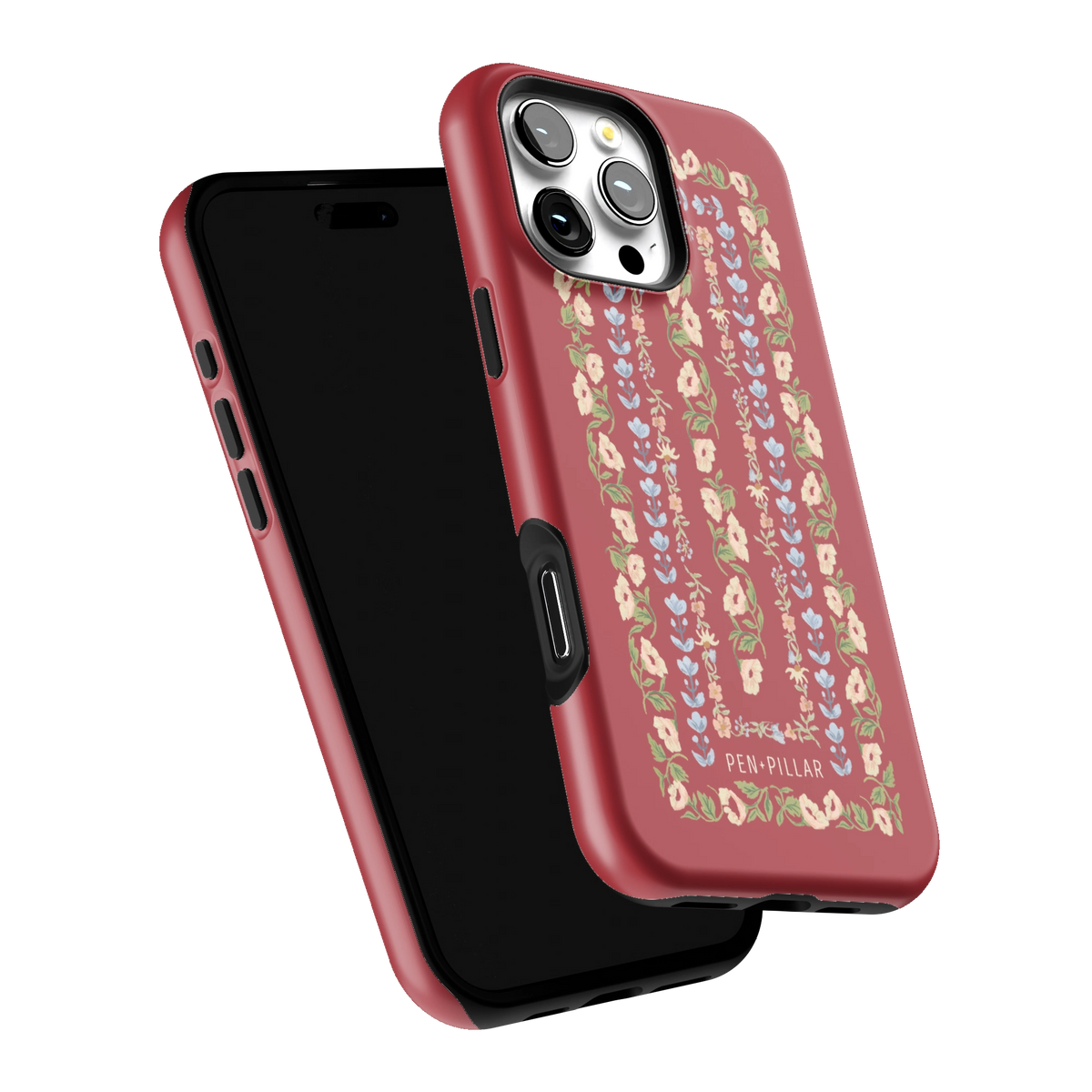 Fiona iPhone 16 Pro Max case tilted to show the raised edges around the screen and camera