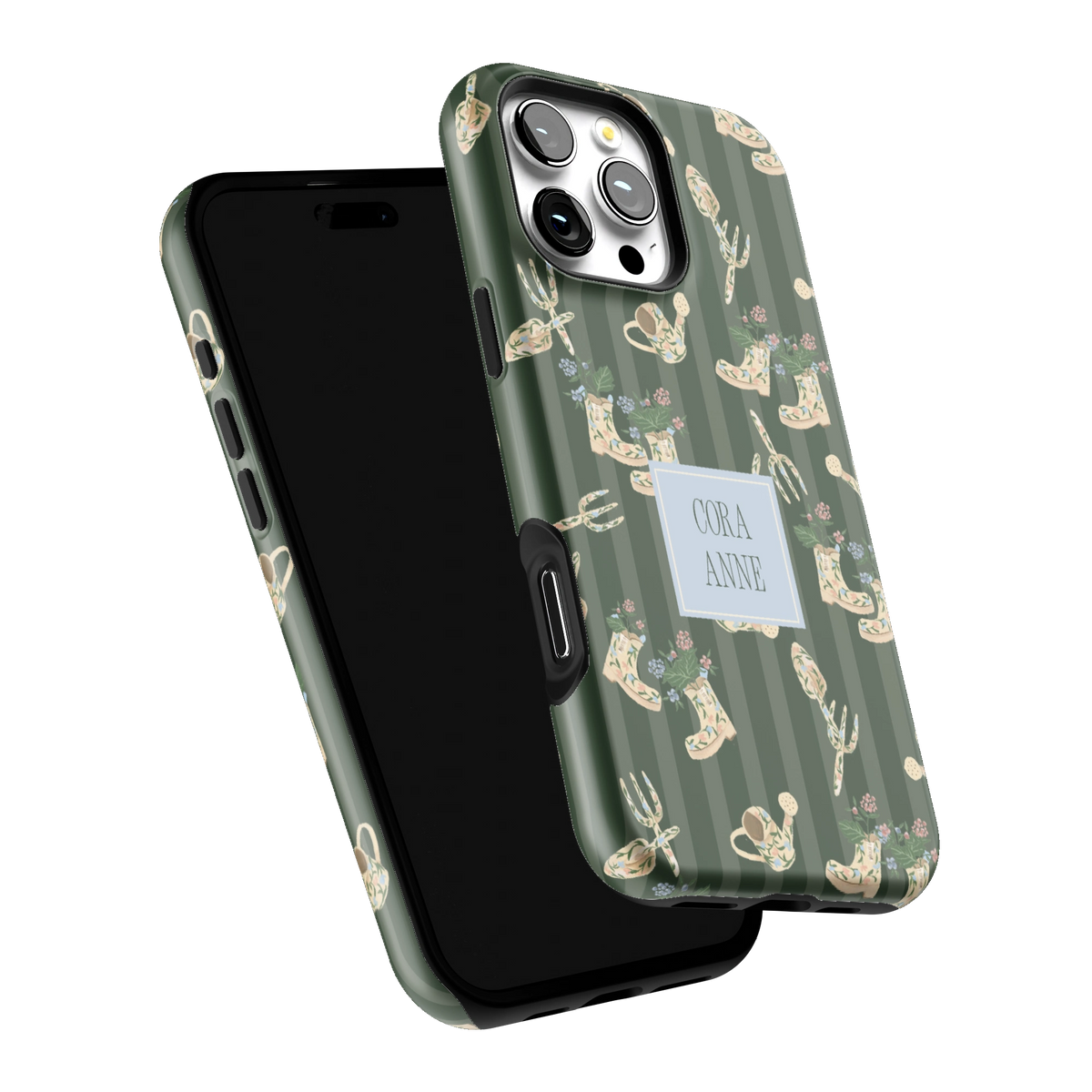 In the Garden Personalized iPhone 16 Pro Max case tilted to show the raised edges around the screen and camera