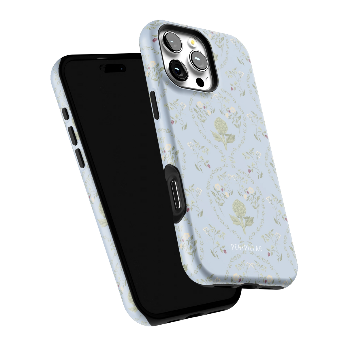 Artichoke iPhone 16 Pro Max case tilted to show the raised edges around the screen and camera