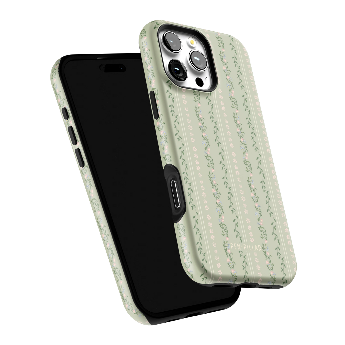 Camellia iPhone 16 Pro Max case tilted to show the raised edges around the screen and camera