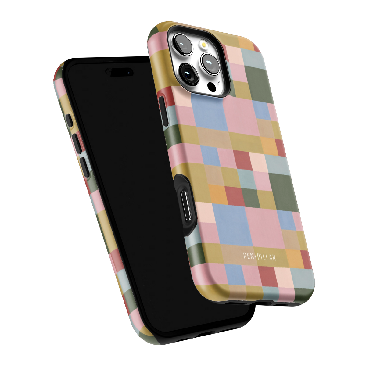 Colorblock iPhone 16 Pro Max case tilted to show the raised edges around the screen and camera