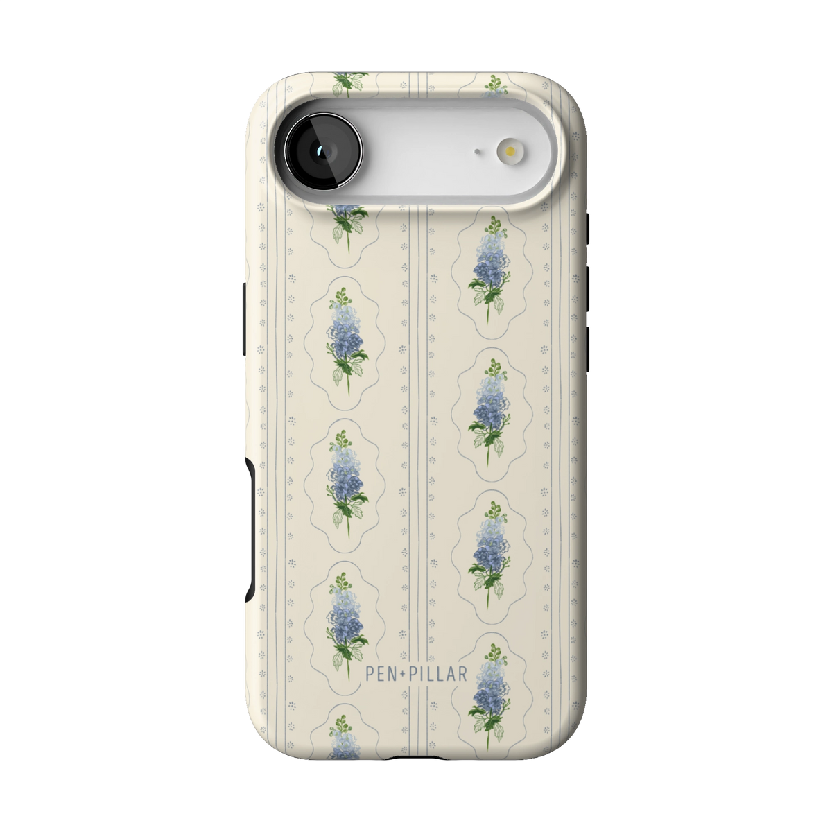 July Birth Month case on iPhone 17 Air, back view: blue larkspur in cream frames