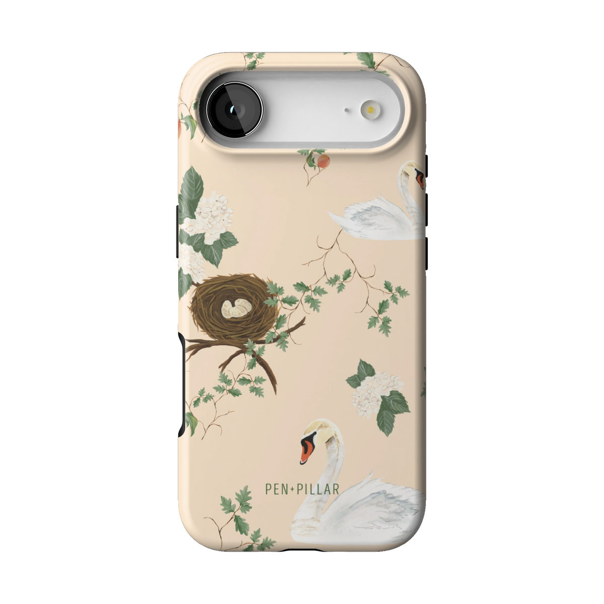 Swan Hollow case on iPhone 17 Air, back view: swans, a bird's nest and trailing greenery on cream