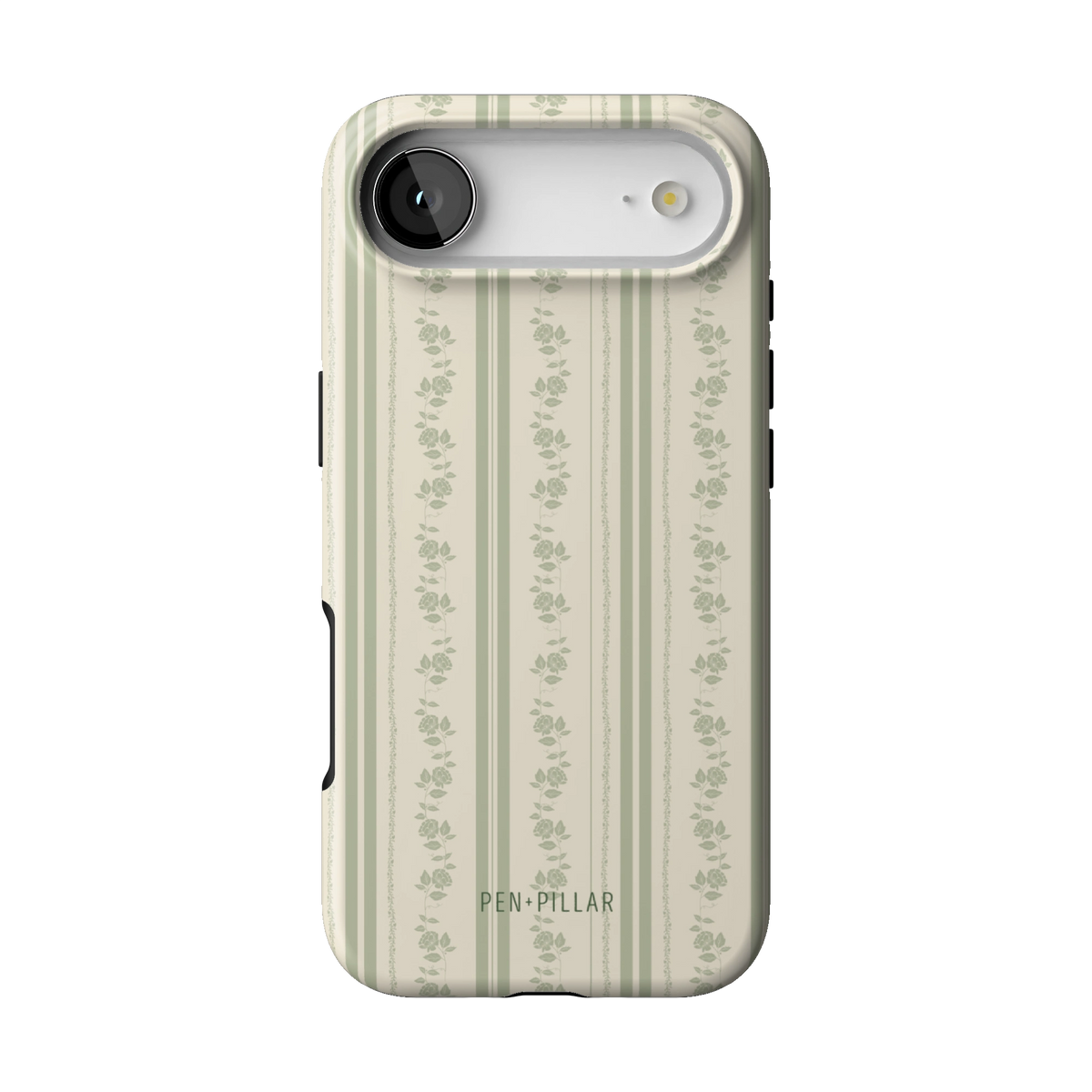 Roselle case on iPhone 17 Air, back view: white floral vines on sage green stripes