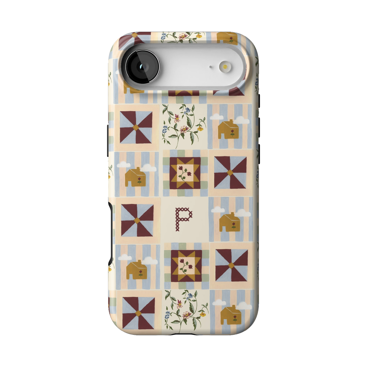 Pinwheel Personalized case on iPhone 17 Air, back view: burgundy pinwheel quilt blocks on blue stripes with the initial P