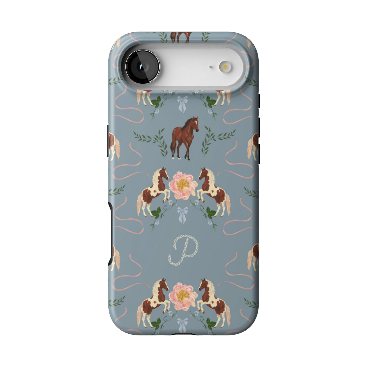 Prairie Personalized case on iPhone 17 Air, back view: horses and blush florals on dusty blue with the initial P