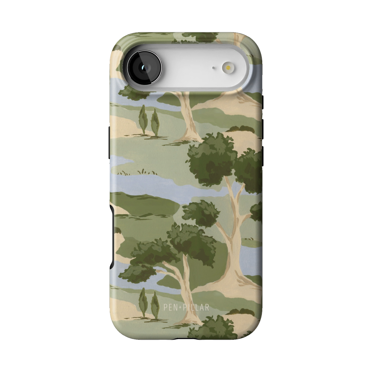 Orchard case on iPhone 17 Air, back view: rolling green trees and winding blue streams on cream