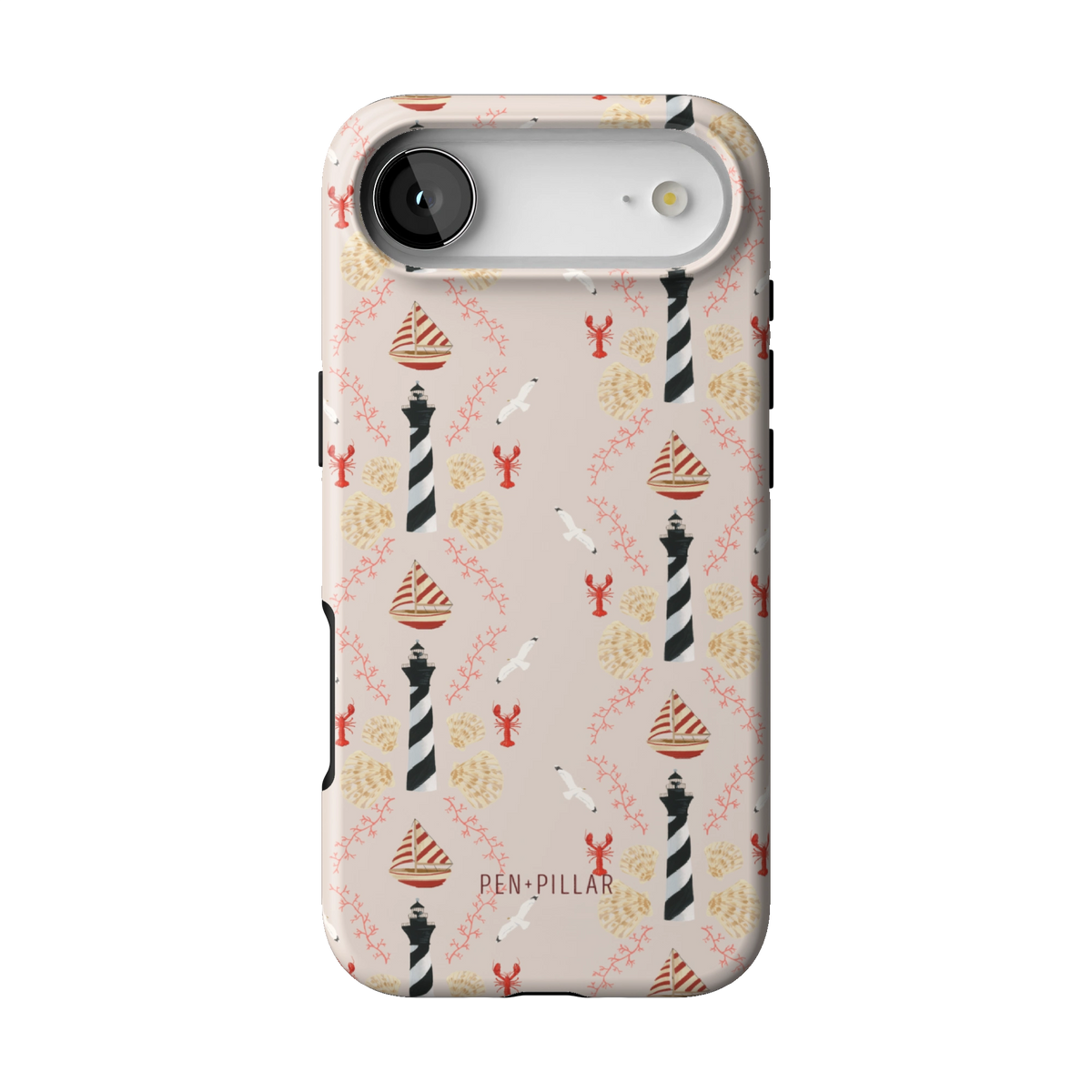 Lighthouse case on iPhone 17 Air, back view: striped lighthouses, lobsters and seashells on blush