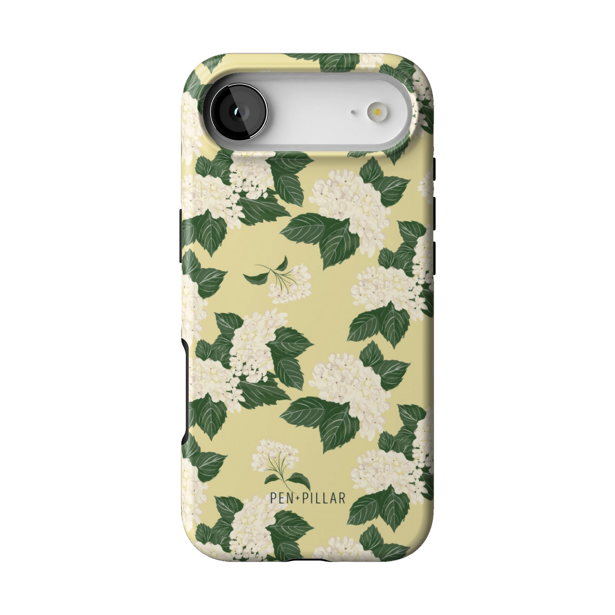 Hydrangea case on iPhone 17 Air, back view: white hydrangeas and green leaves on buttery yellow