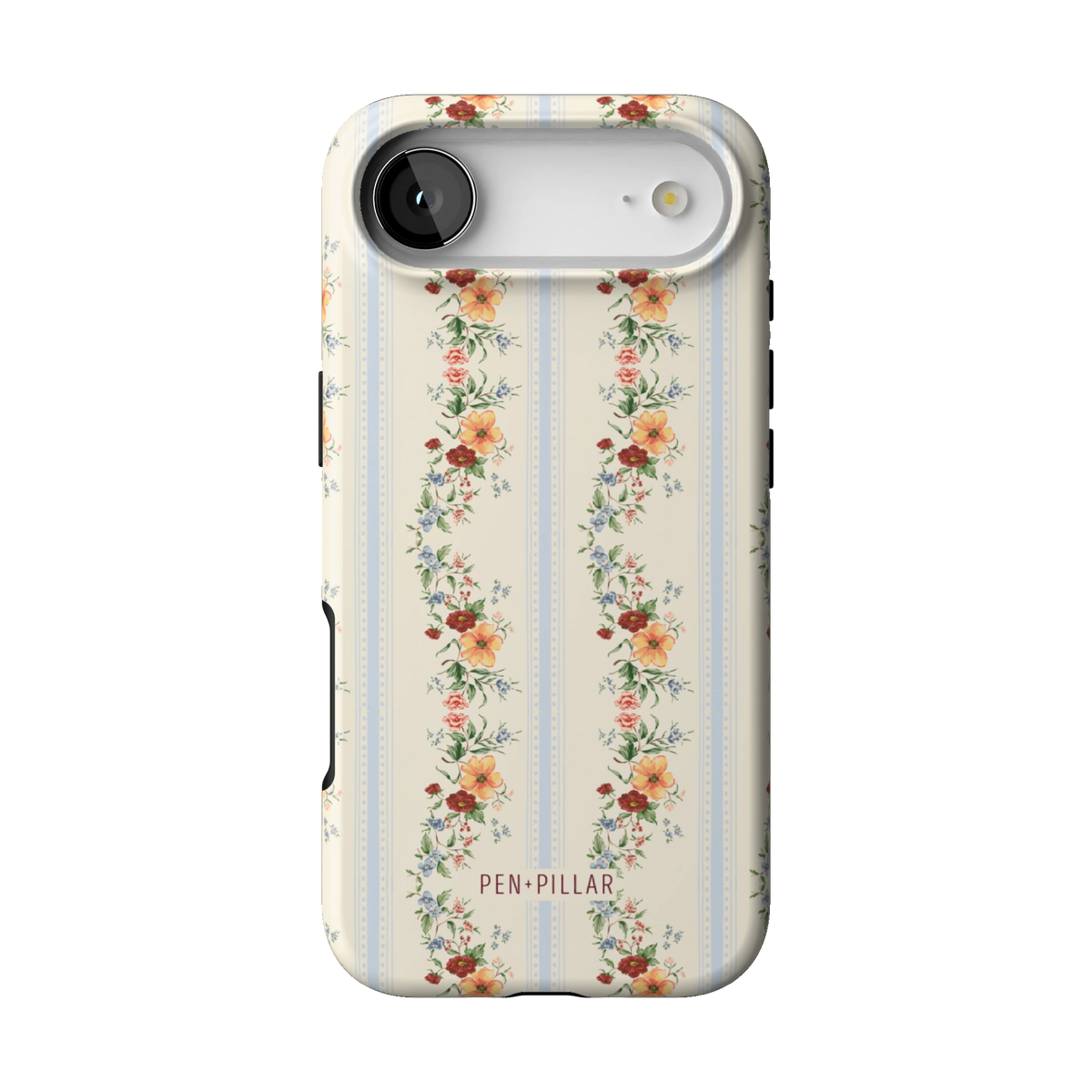 Wallflower case on iPhone 17 Air, back view: floral garlands in orange and blush on cream and pale blue stripes
