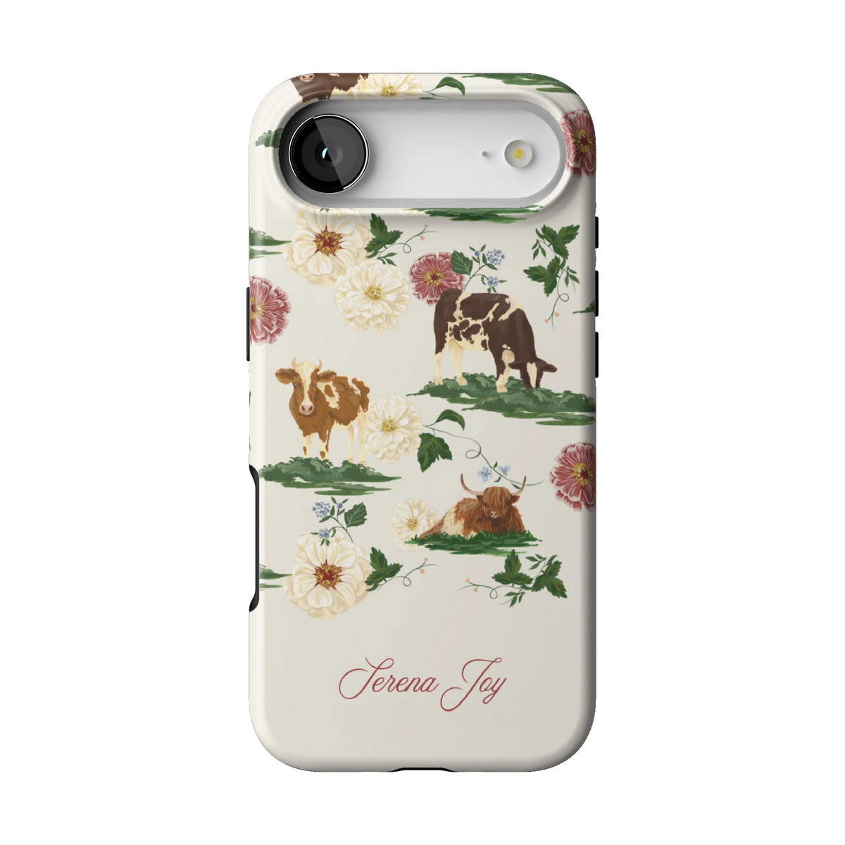 Pasture Personalized case on iPhone 17 Air, back view: cows and dahlias in a countryside scene on cream with a name in script