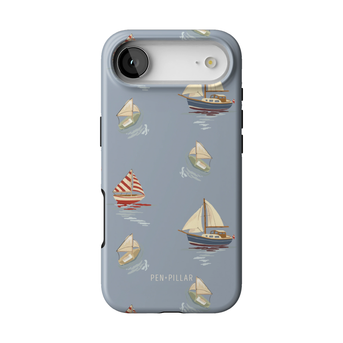 Harbor case on iPhone 17 Air, back view: sailboats and paper boats on dusty blue