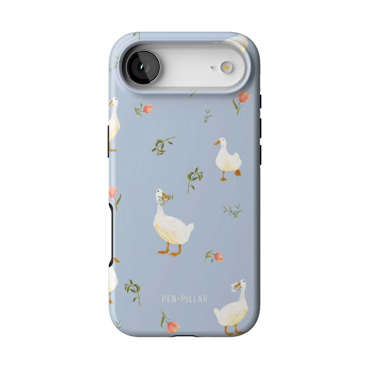 Ducks case on iPhone 17 Air, back view: white ducks and small flower sprigs on soft blue