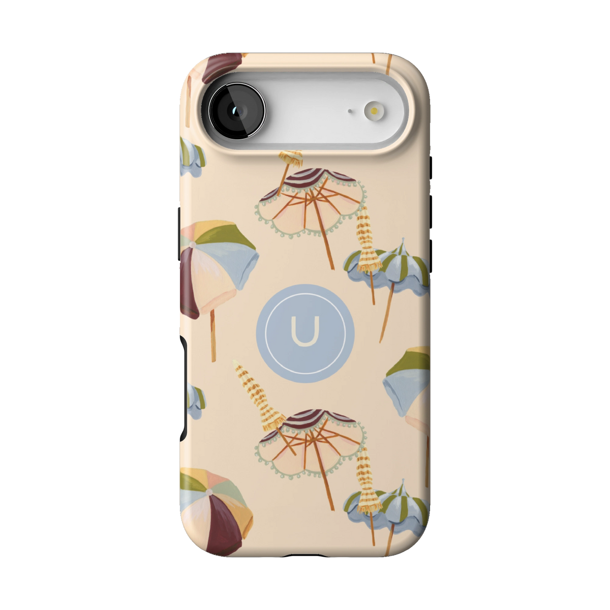 Umbrellas Personalized case on iPhone 17 Air, back view: striped beach umbrellas and loungers on warm sand with the initial U