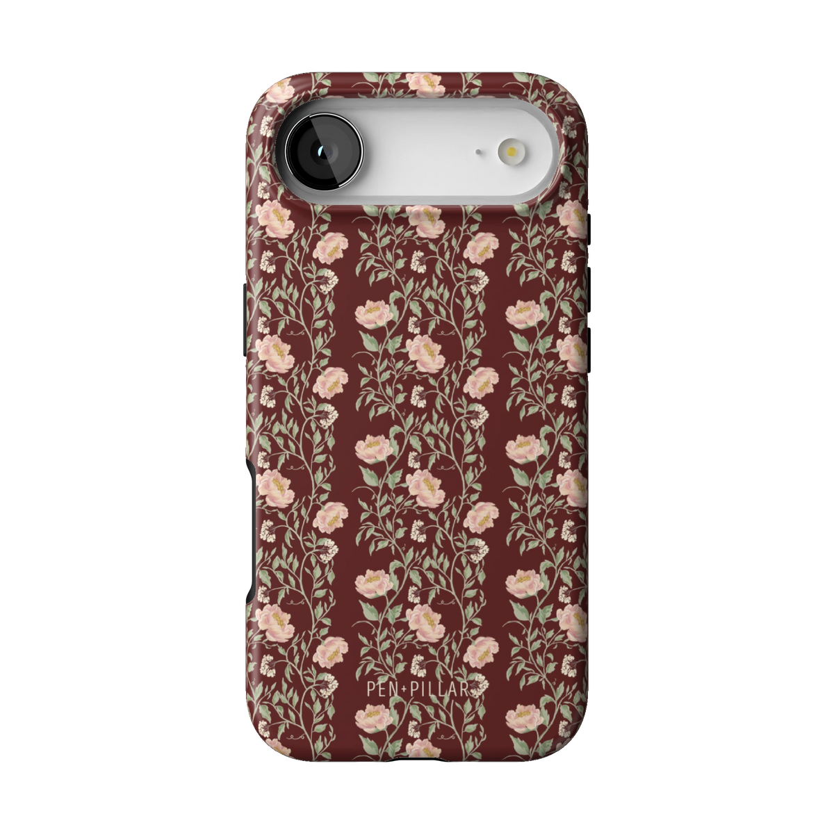 Thicket case on iPhone 17 Air, back view: dense blush and cream florals on deep burgundy