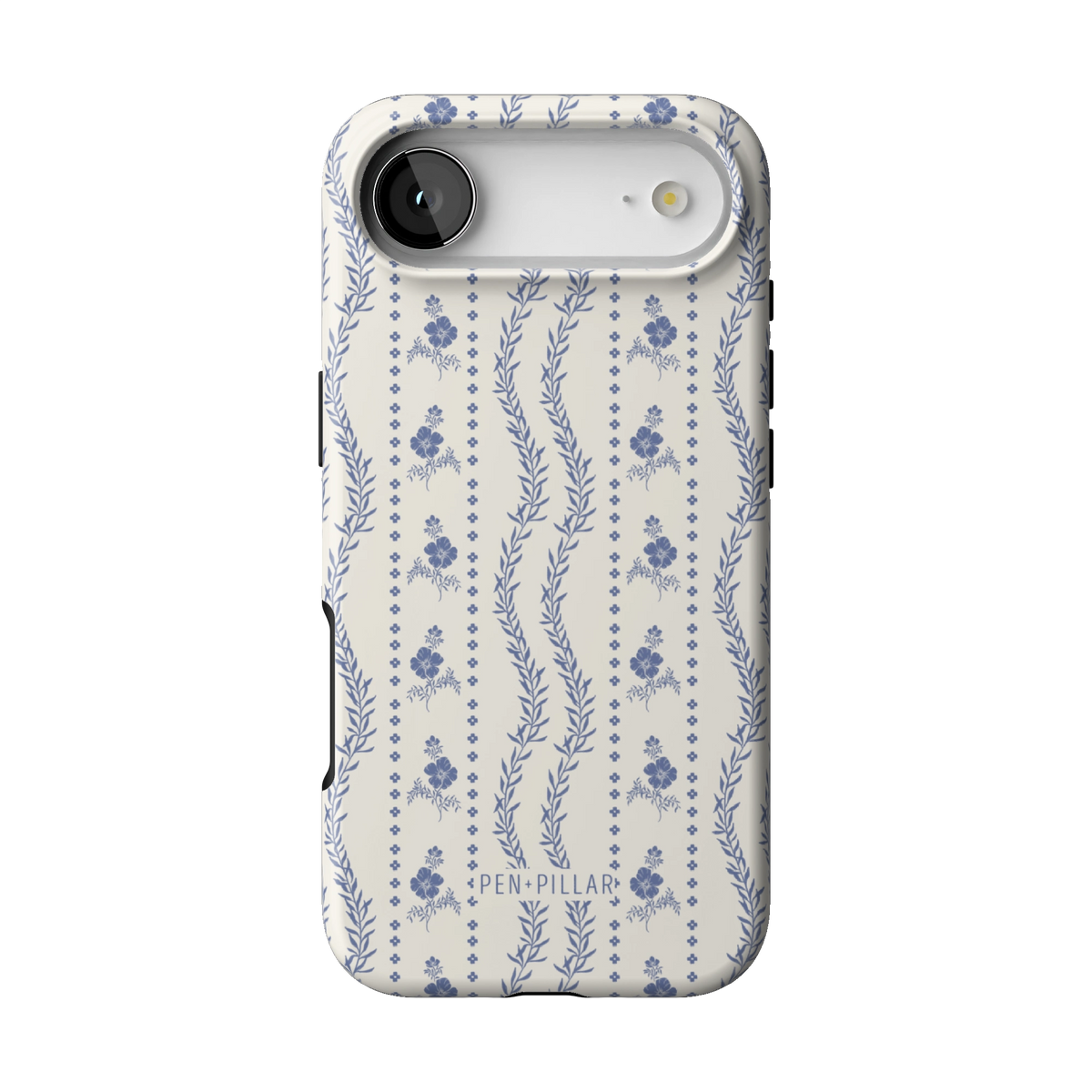Riviera case on iPhone 17 Air, back view: blue florals and vines in stripes on white