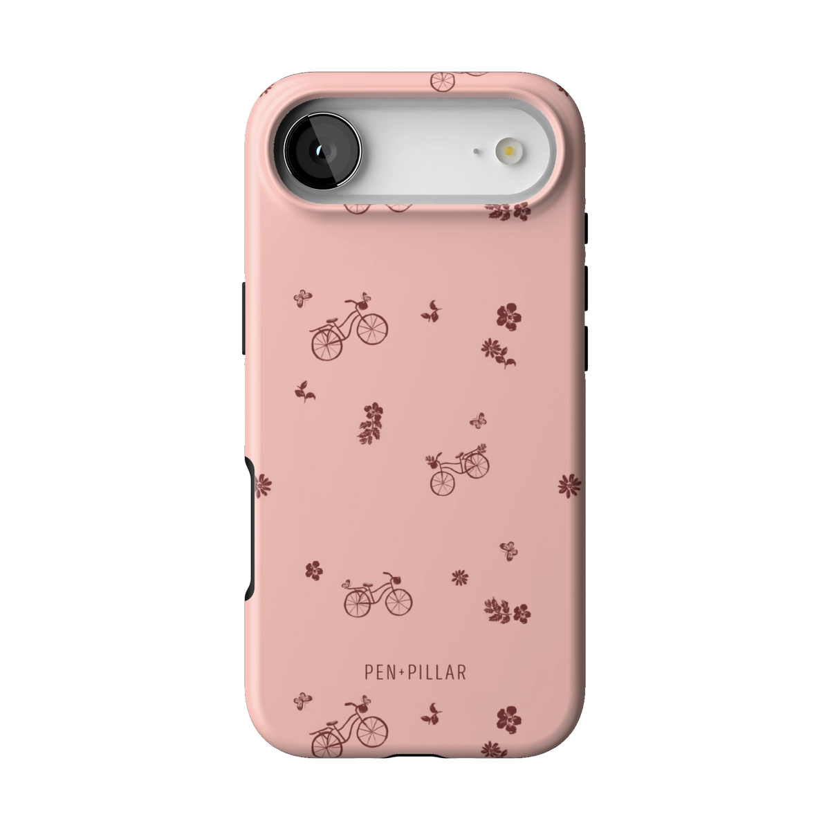 Bike Ride case on iPhone 17 Air, back view: little bicycles and flower sprigs on pink