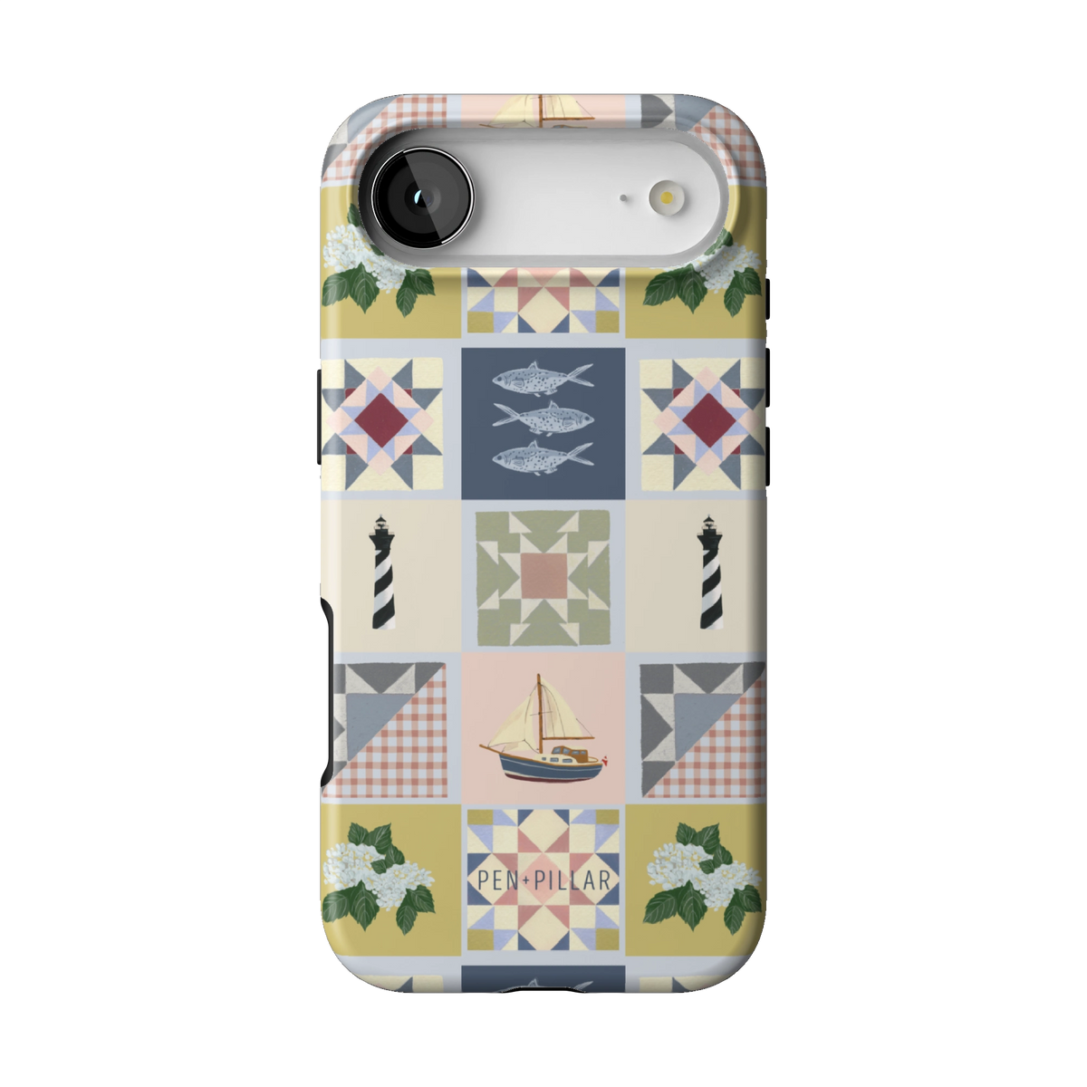 Coastal Quilt case on iPhone 17 Air, back view: quilt blocks with sailboats, fish, a lighthouse and hydrangeas in navy, sage and blush