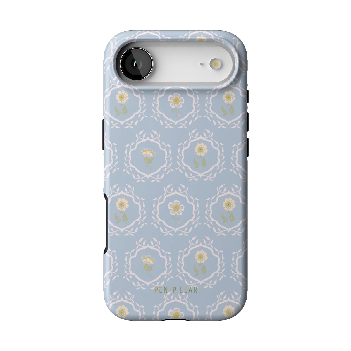 Merrigold case on iPhone 17 Air, back view: small white florals in a lattice on pale blue