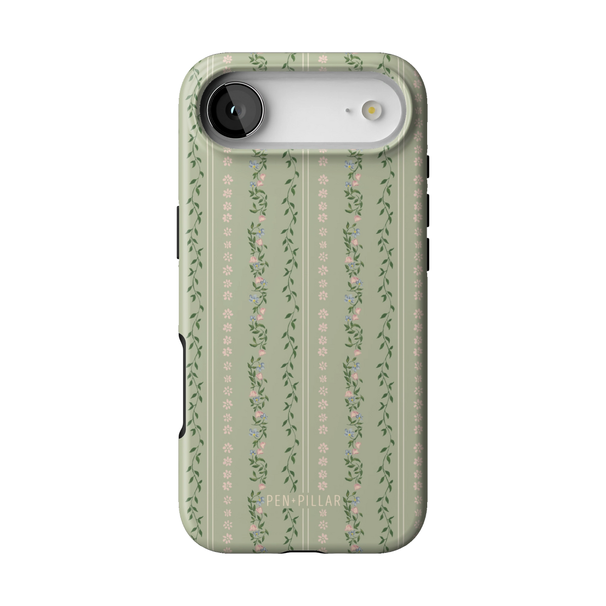 Camellia case on iPhone 17 Air, back view: sage green with soft floral stripes