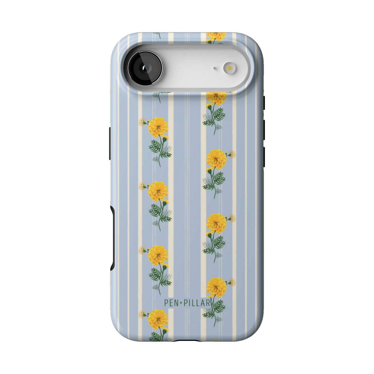 October Birth Month case on iPhone 17 Air, back view: yellow marigolds on blue and cream stripes