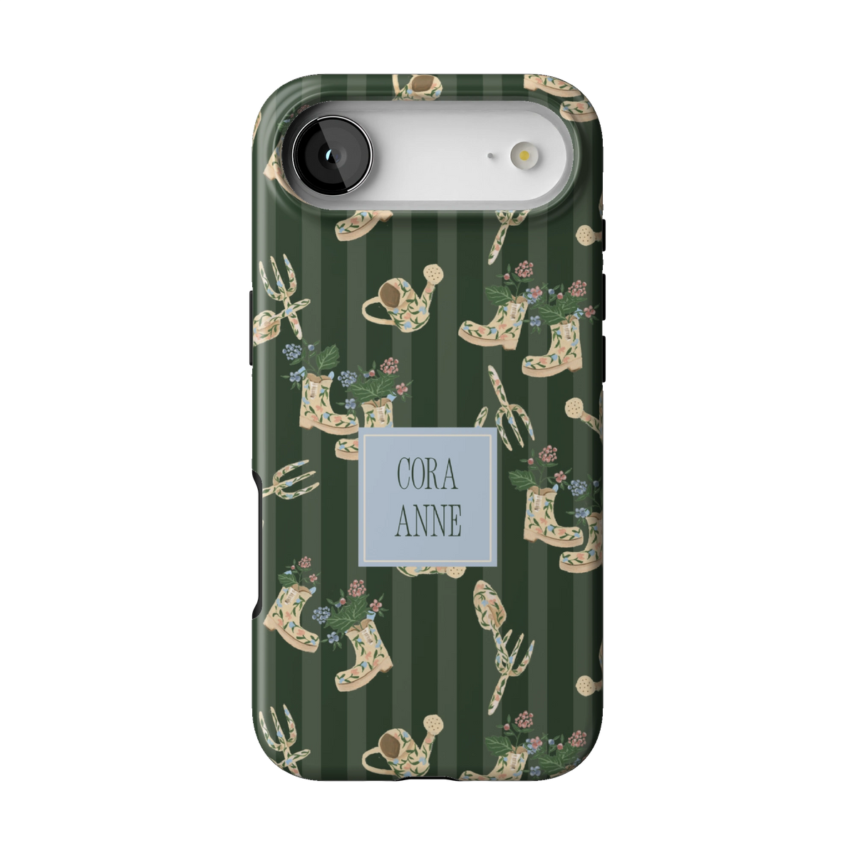 In the Garden Personalized case on iPhone 17 Air, back view: garden boots, tools and florals on forest green stripes with the name Cora Anne