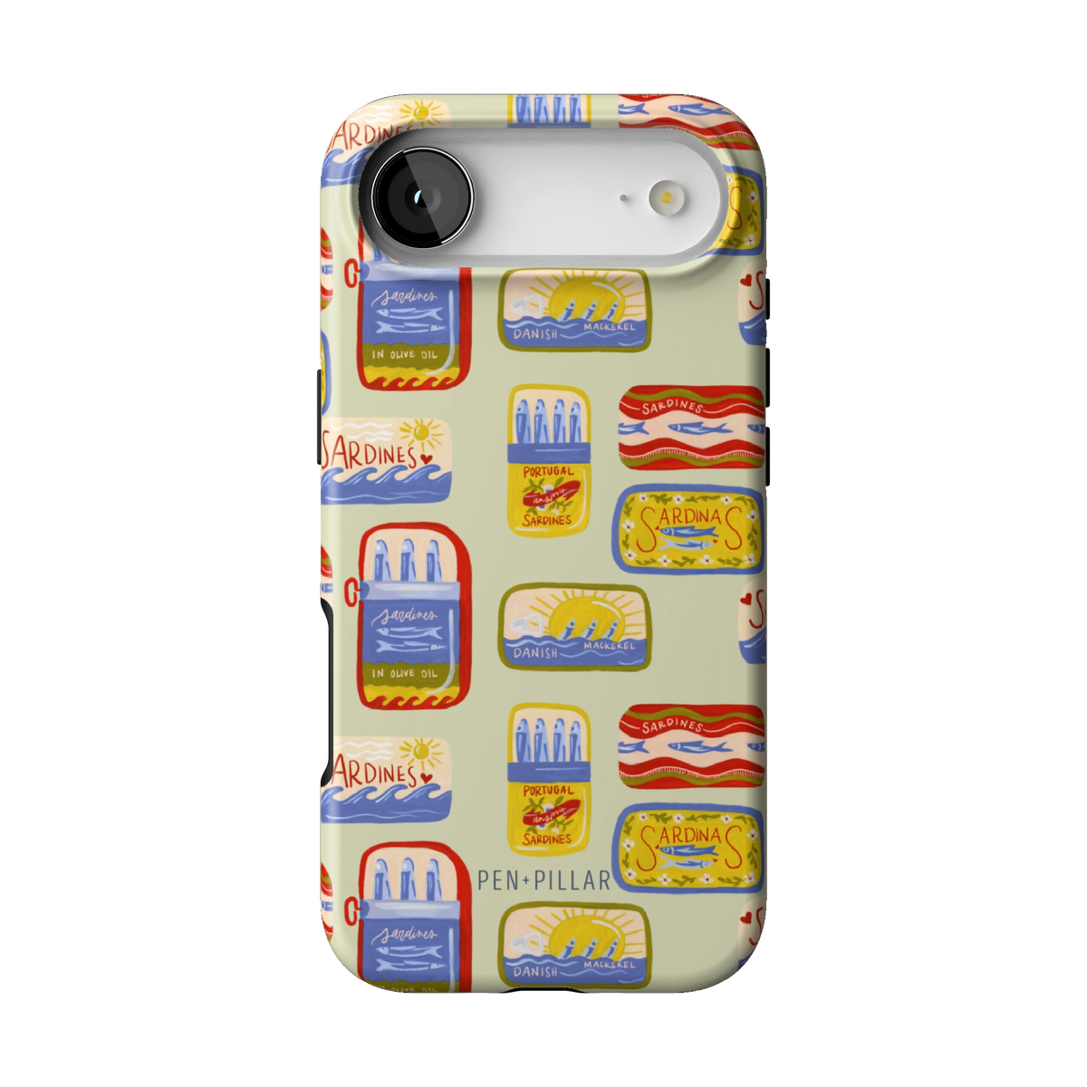 Sardines case on iPhone 17 Air, back view: vintage sardine tins on pale sage