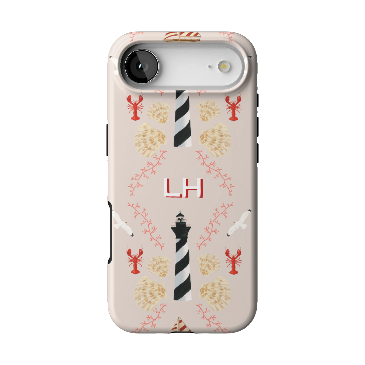 Lighthouse Personalized case on iPhone 17 Air, back view: striped lighthouses, lobsters and seashells on blush with the initials LH