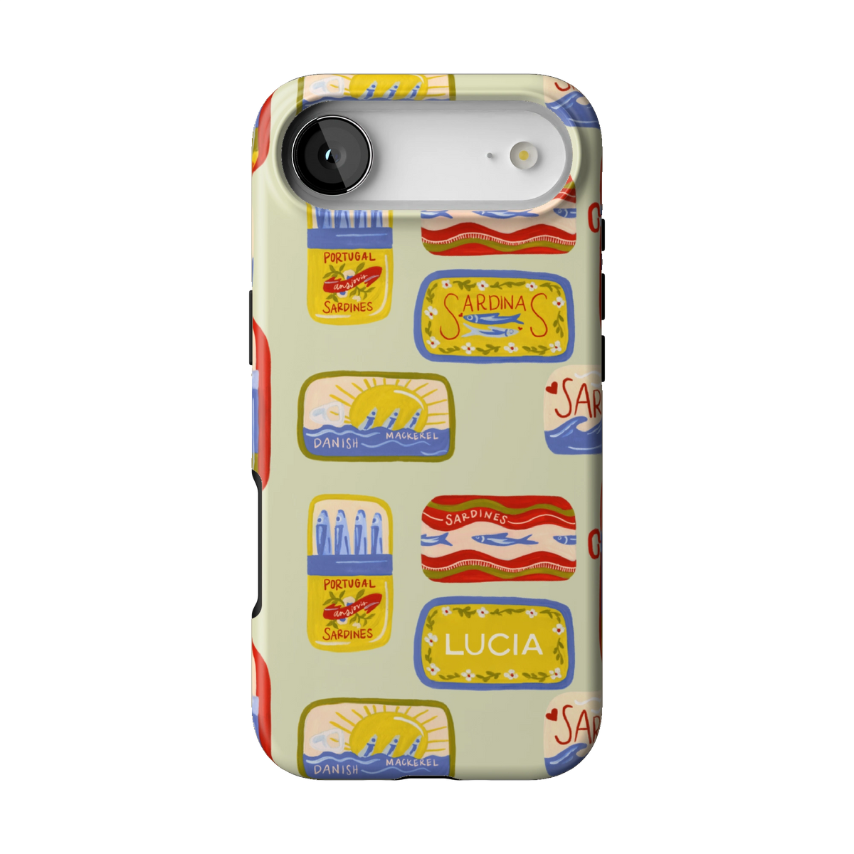 Sardines Personalized case on iPhone 17 Air, back view: vintage sardine tins on pale sage with the name Lucia