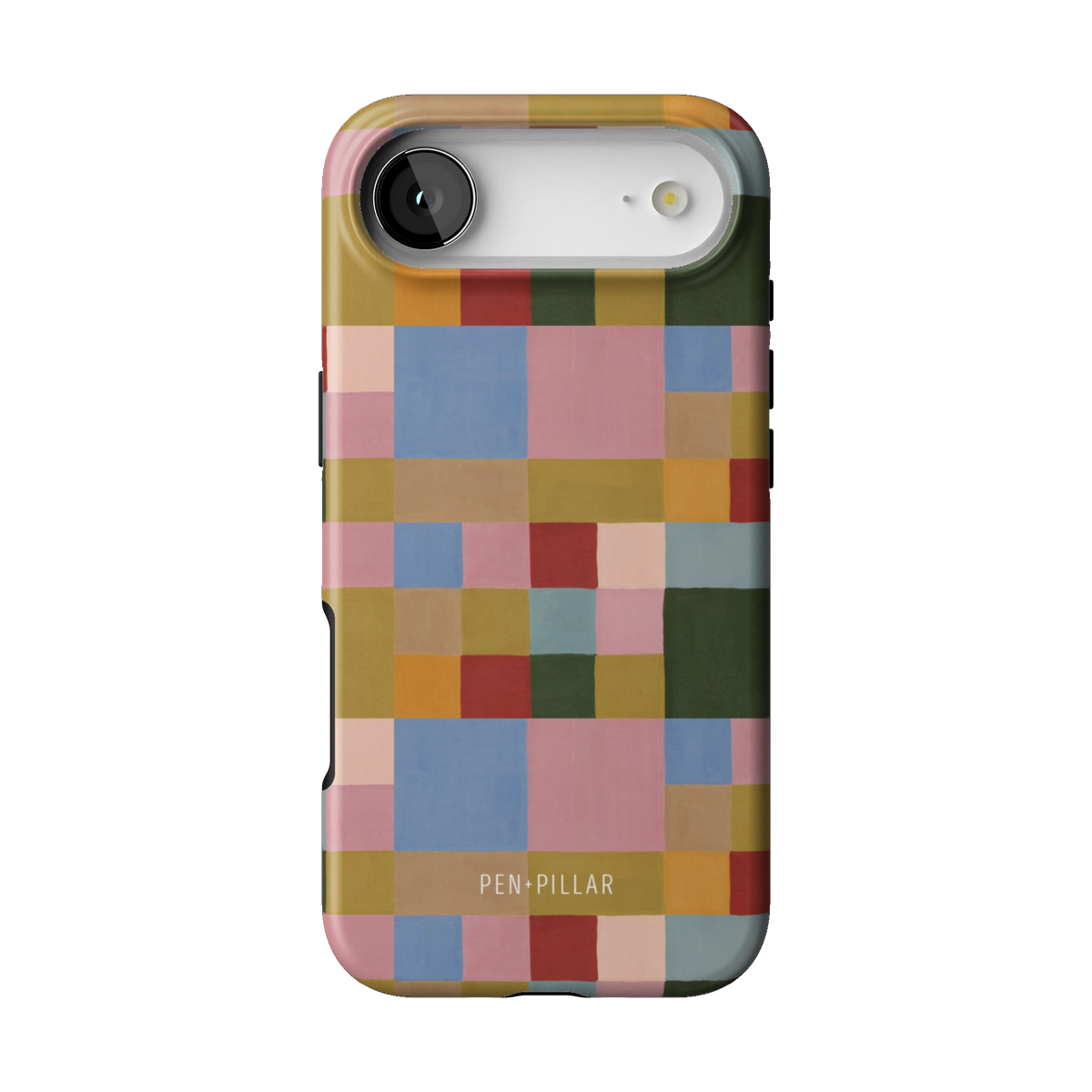 Colorblock case on iPhone 17 Air, back view: painterly squares in blush, sky blue, mustard, rust and forest green