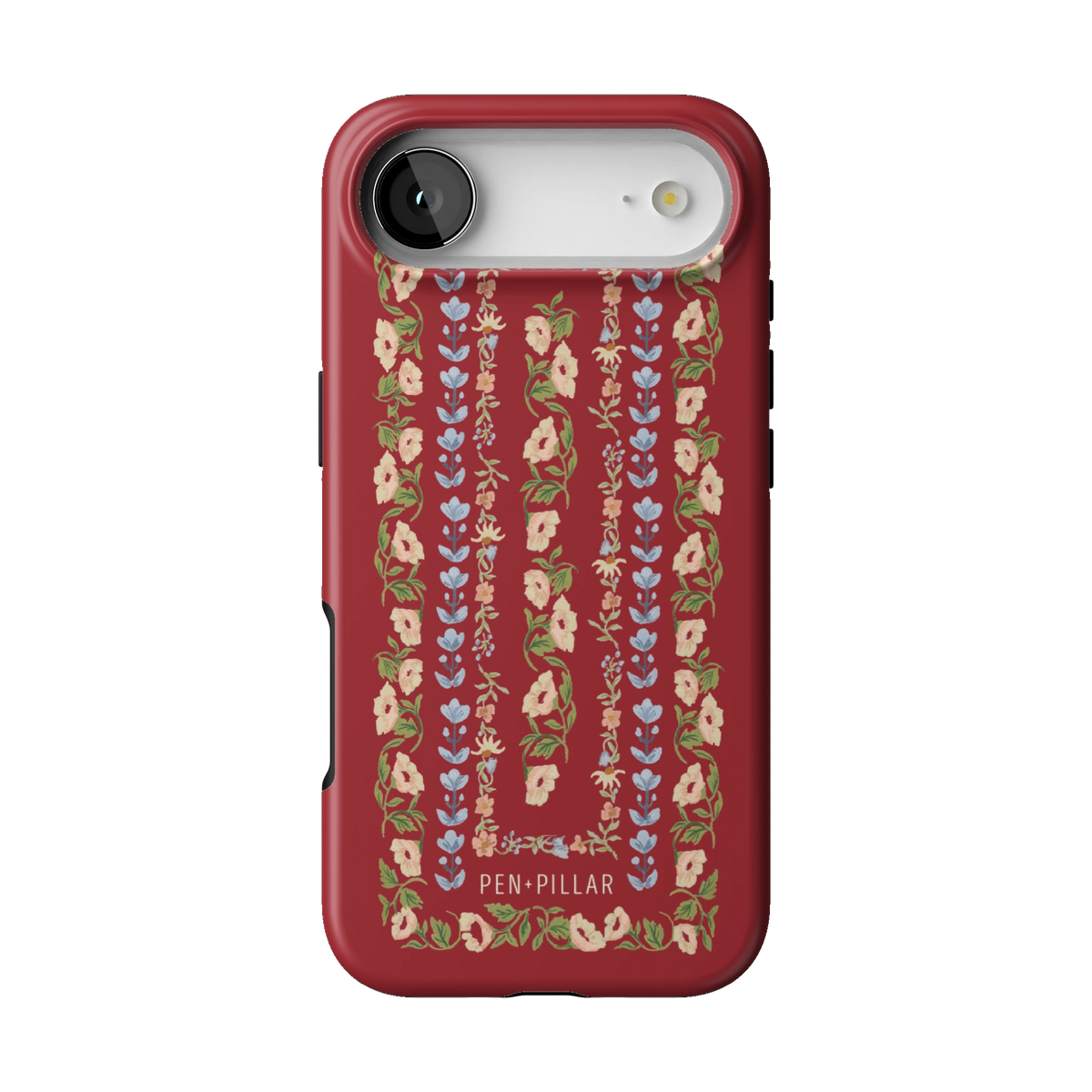 Fiona case on iPhone 17 Air, back view: ornate floral stripes in cream, blush and blue on rich red