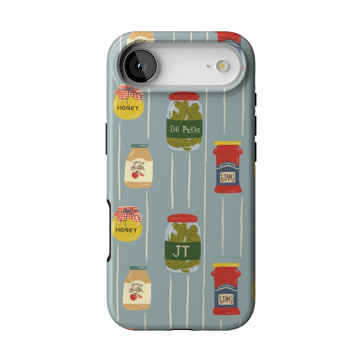 Preserves Personalized case on iPhone 17 Air, back view: jars of honey, pickles and jam on slate blue stripes with the initials JT