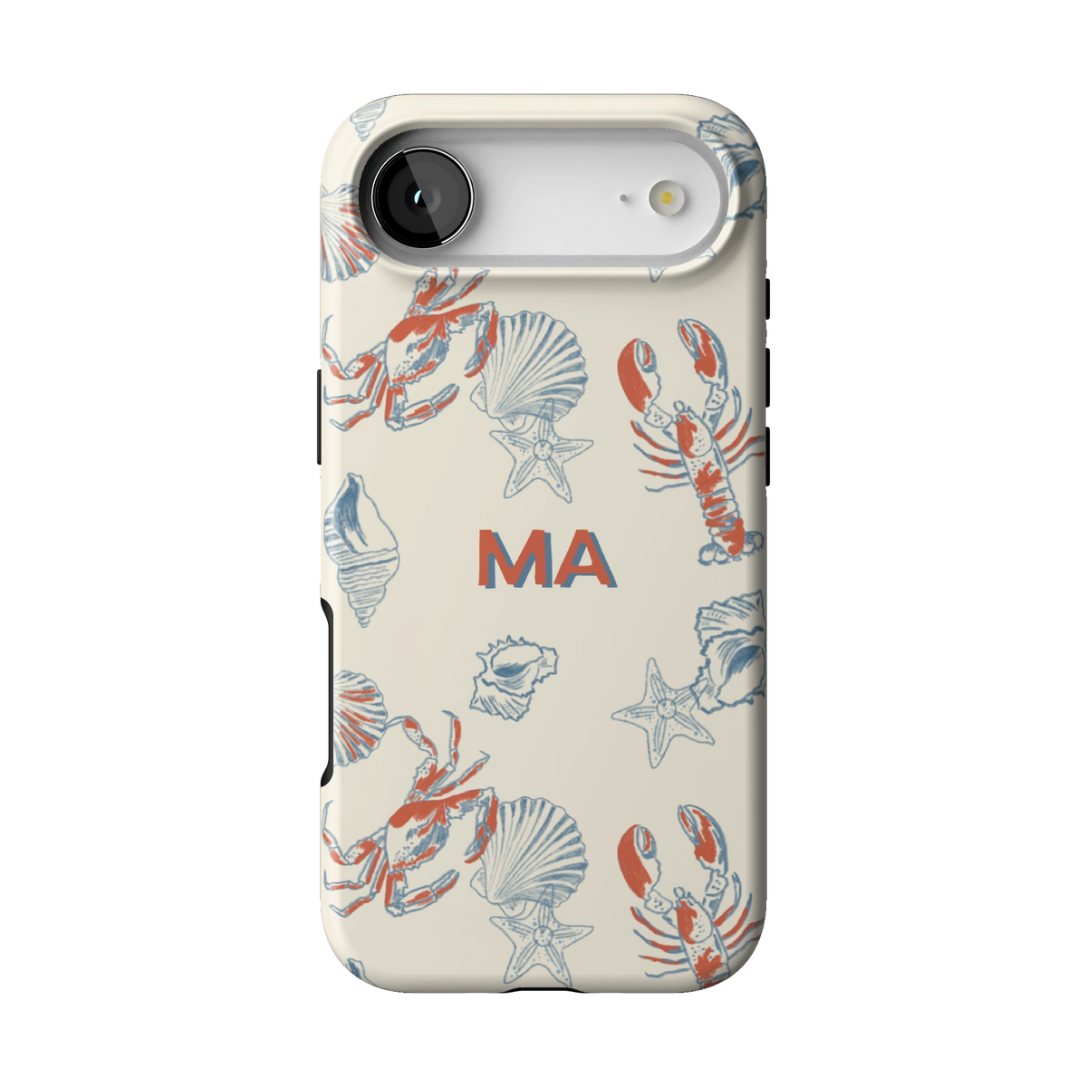 Mariner Personalized case on iPhone 17 Air, back view: red lobsters, blue crabs and seashells on cream with the initials MA