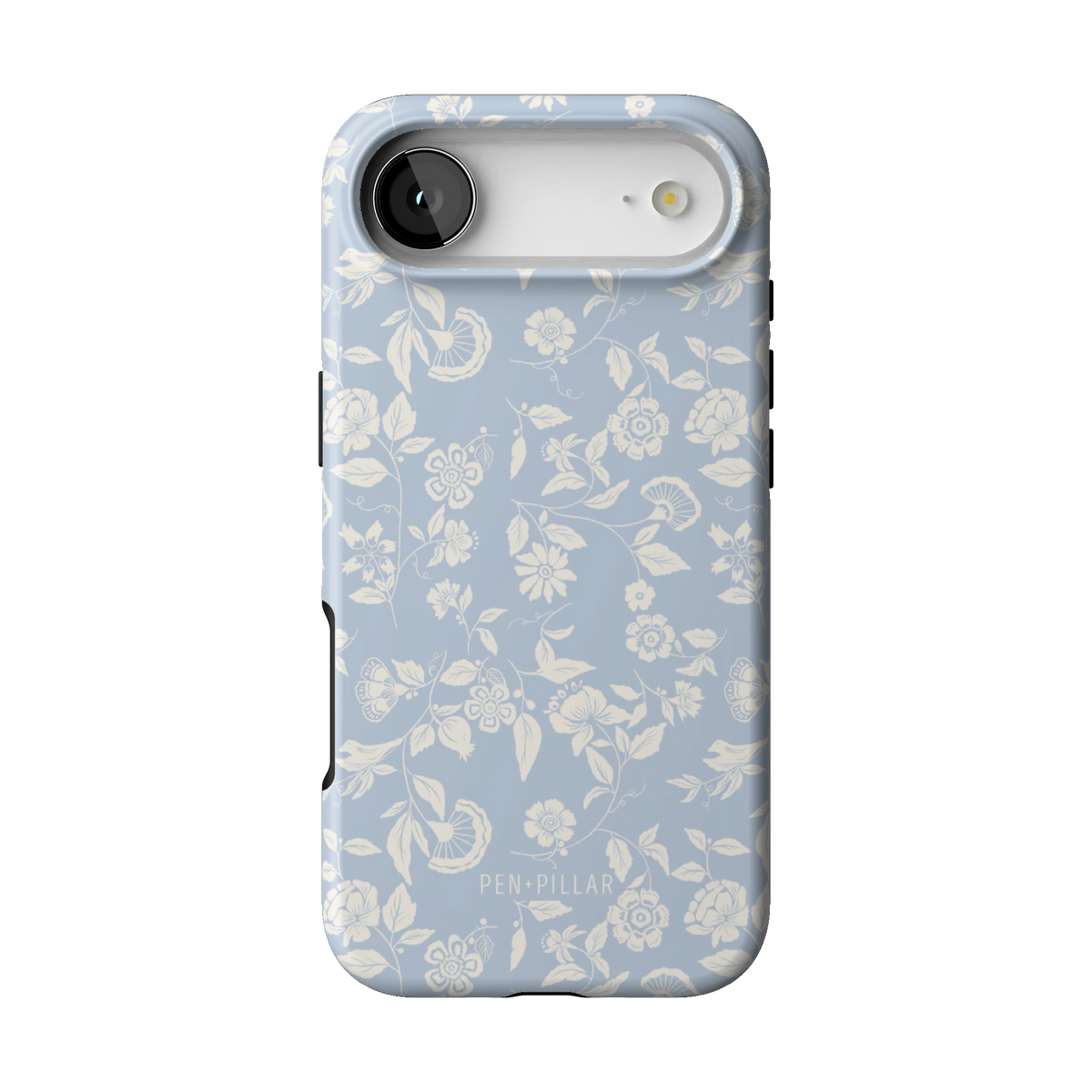 Spritz case on iPhone 17 Air, back view: white florals on soft blue