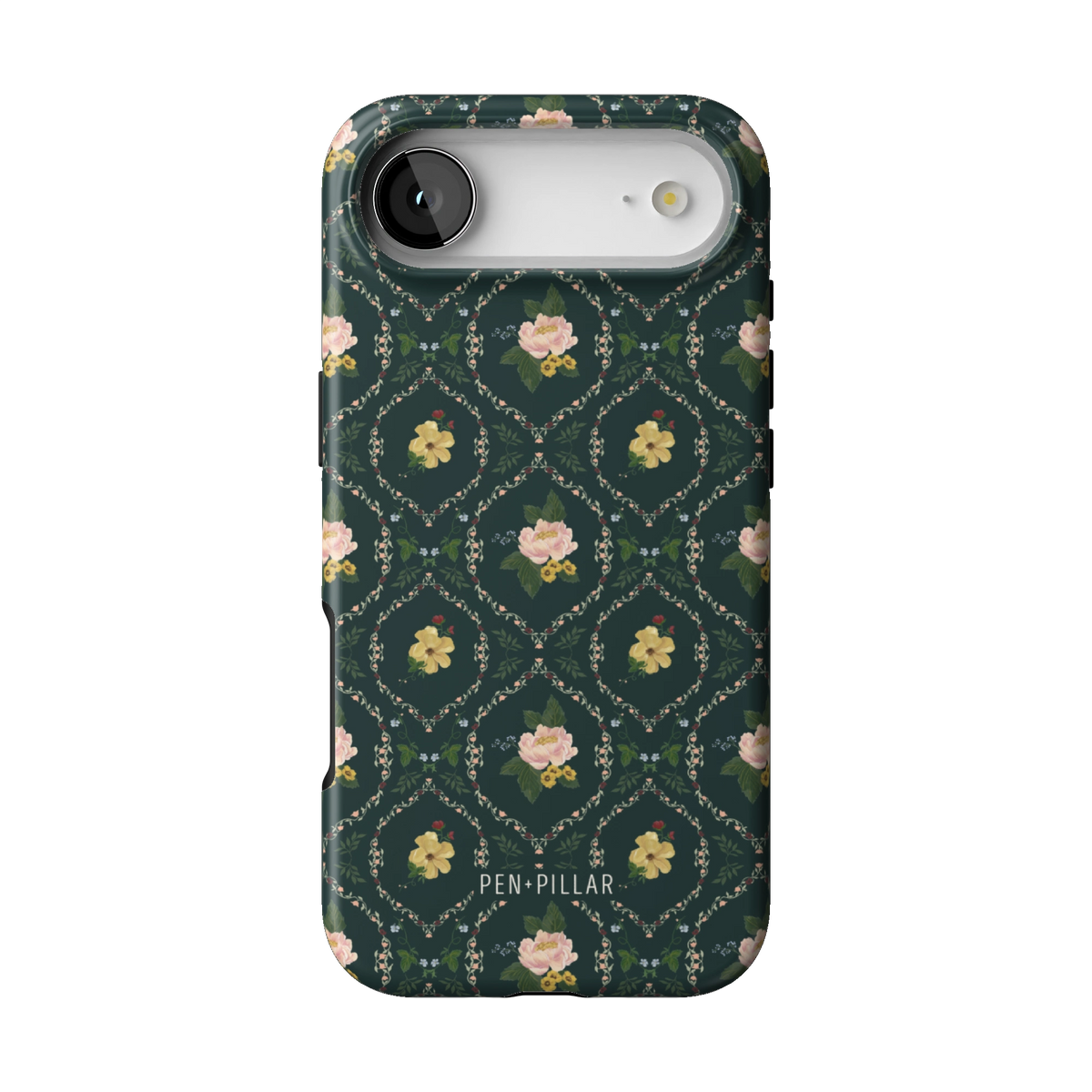 Meadow case on iPhone 17 Air, back view: small yellow and pink flowers in a diamond trellis on deep green